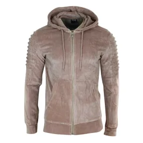 Men's Velvet Hood Zip Biker Jumper Top Warm Peach Beige