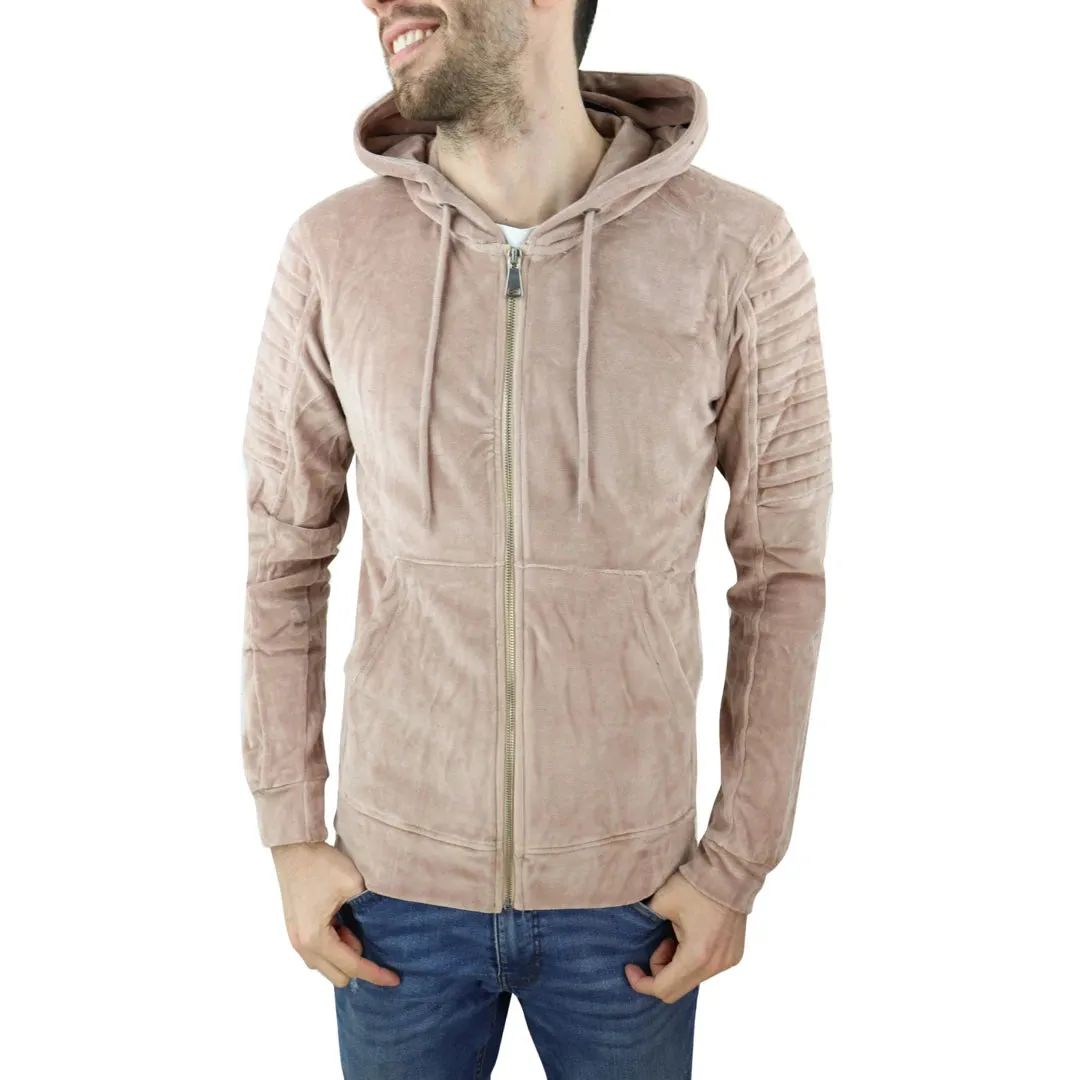 Men's Velvet Hood Zip Biker Jumper Top Warm Peach Beige