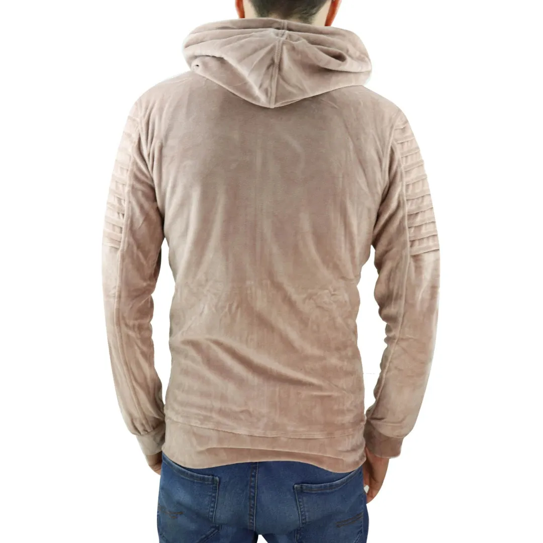 Men's Velvet Hood Zip Biker Jumper Top Warm Peach Beige