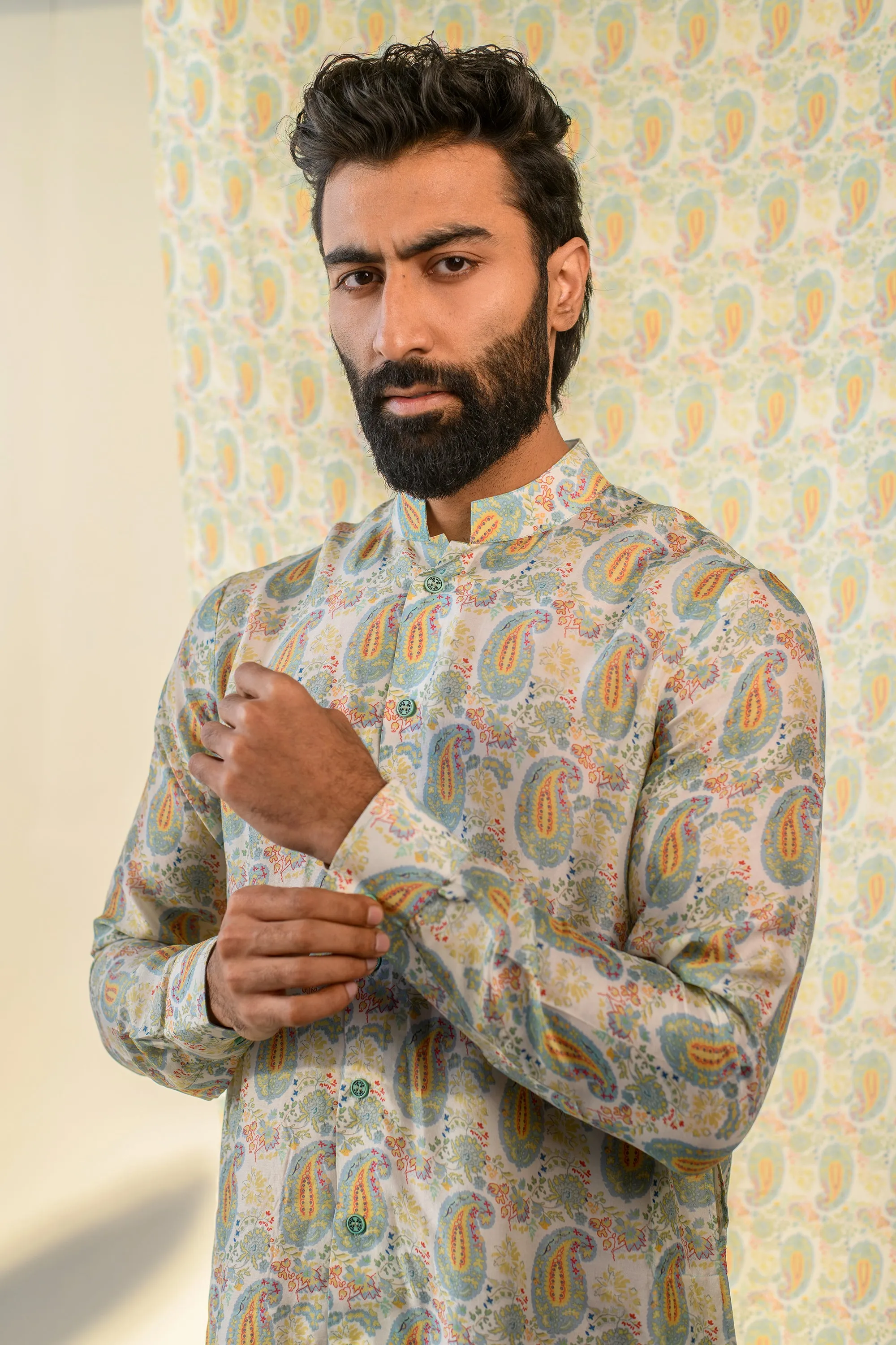 Paisley Cream White - Russian Silk- Full Button Kurta For Men