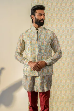 Paisley Cream White - Russian Silk - Kurta Bandi Set For Men