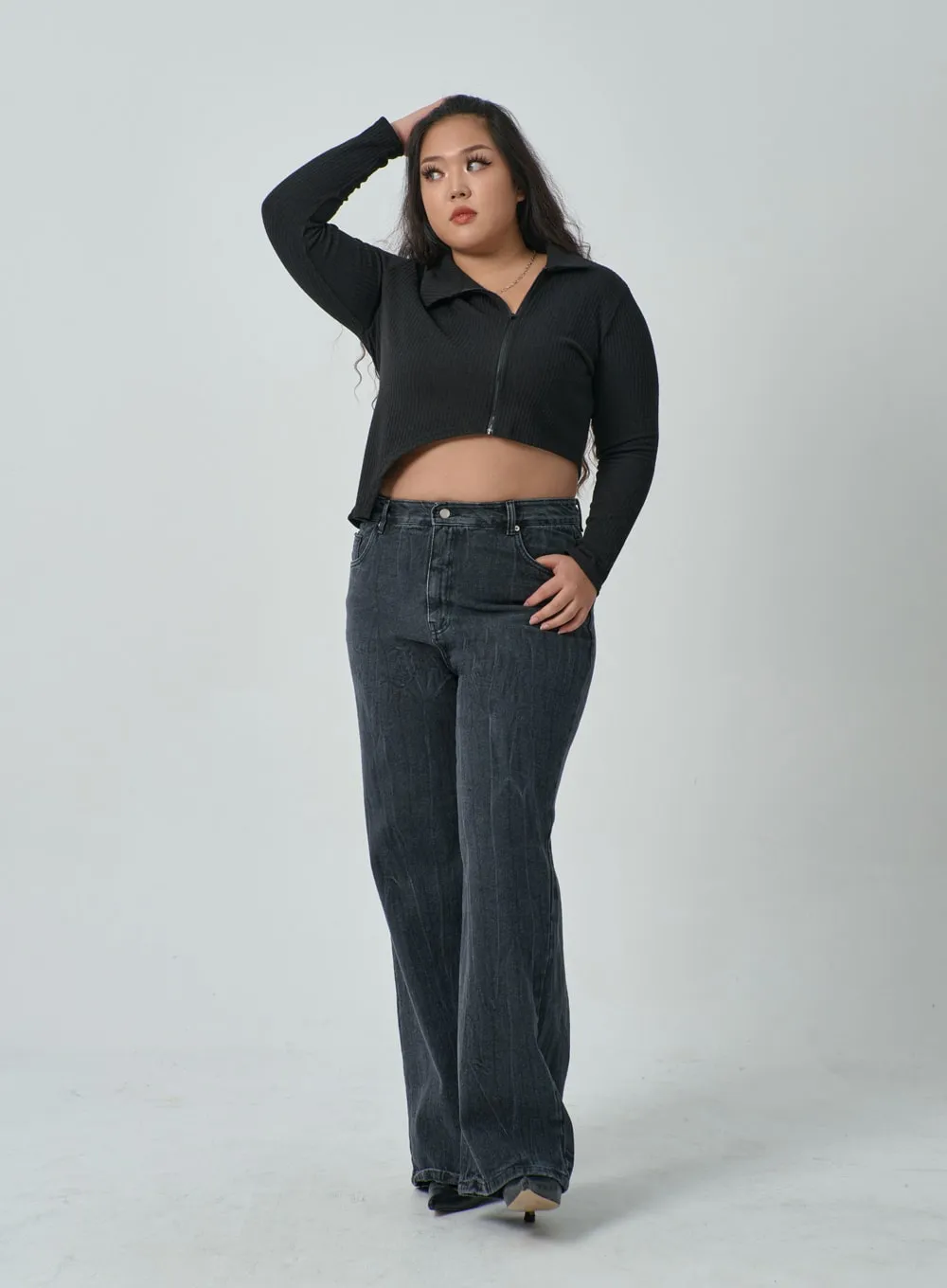 Plus Wide Leg Wash Black Jeans IF317