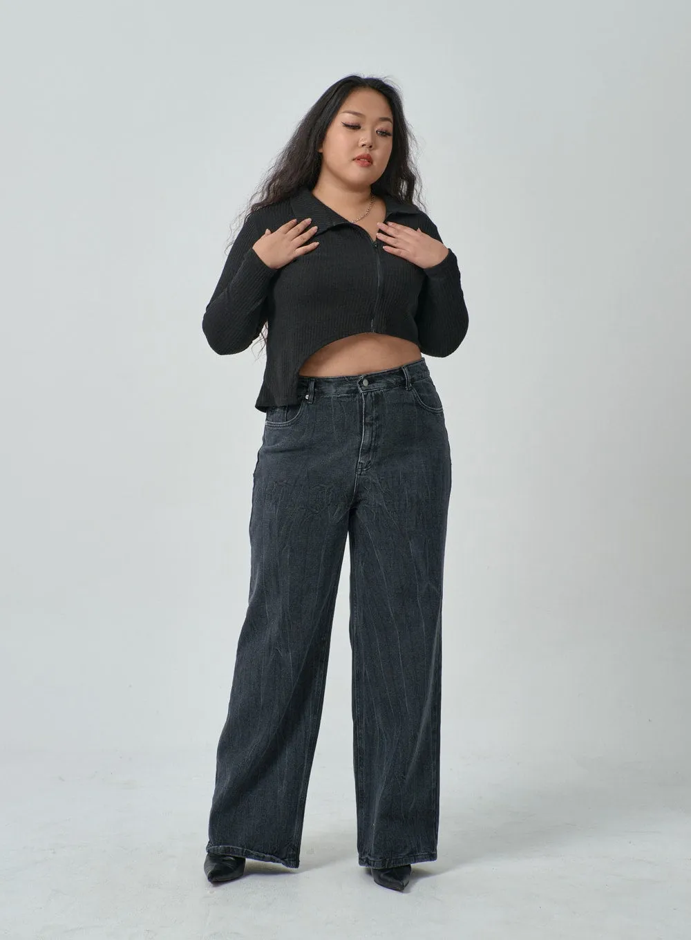 Plus Wide Leg Wash Black Jeans IF317