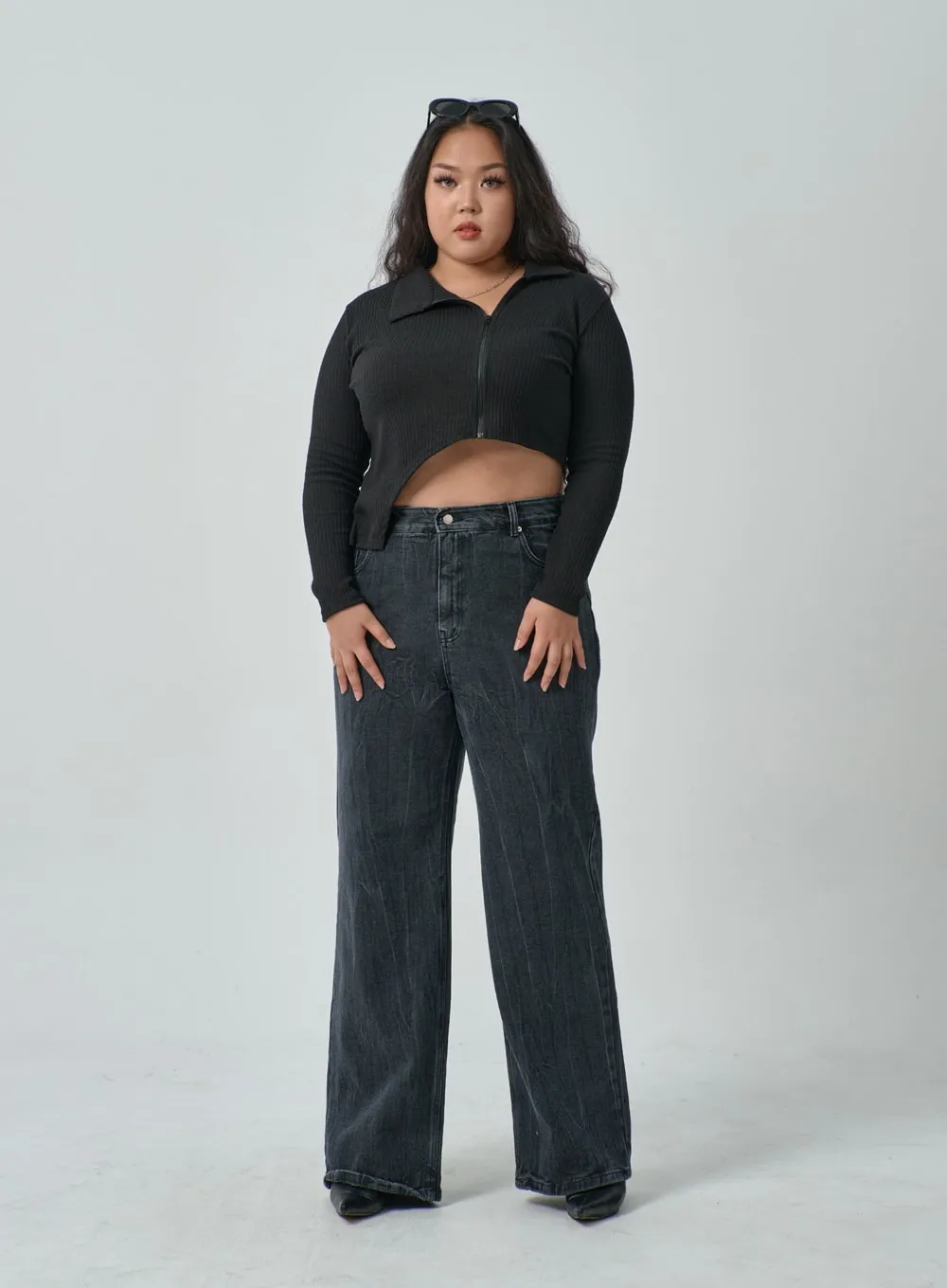 Plus Wide Leg Wash Black Jeans IF317