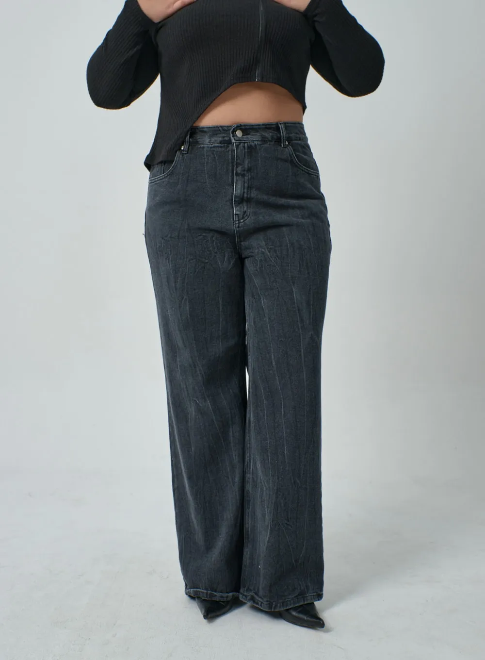 Plus Wide Leg Wash Black Jeans IF317