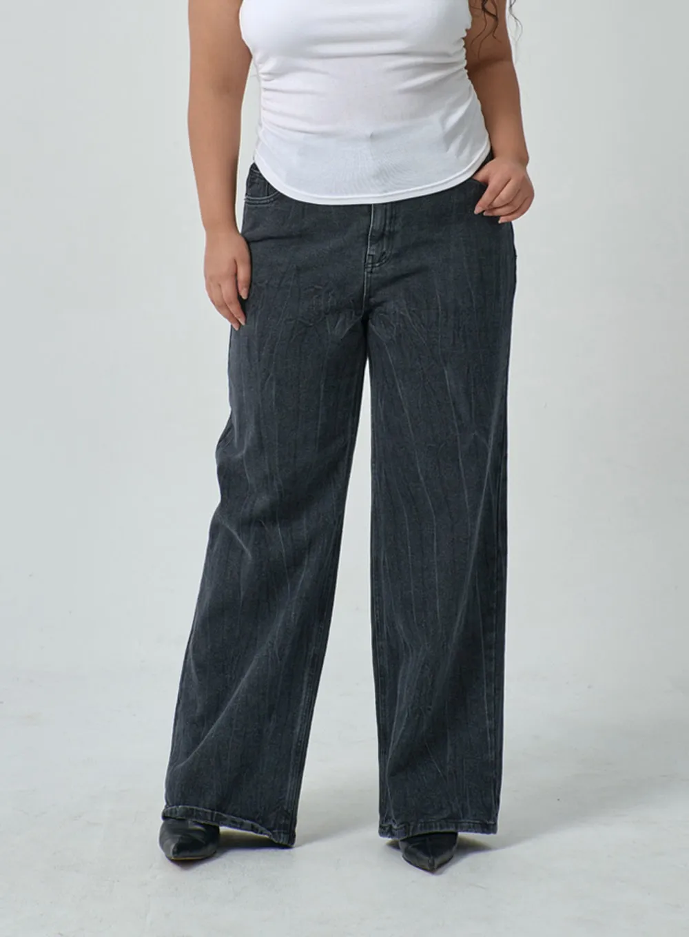 Plus Wide Leg Wash Black Jeans IF317