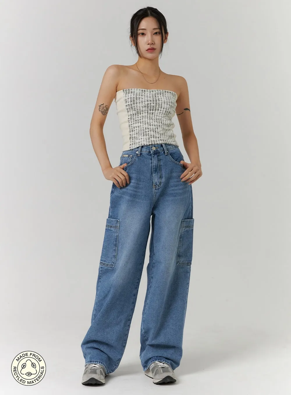 Recycled Polyester Cargo Washed Wide Leg Jeans CD314