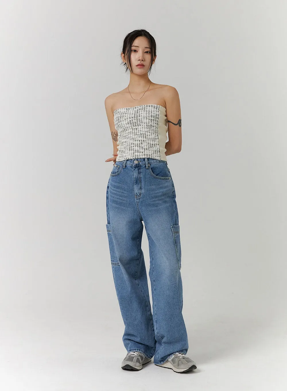 Recycled Polyester Cargo Washed Wide Leg Jeans CD314