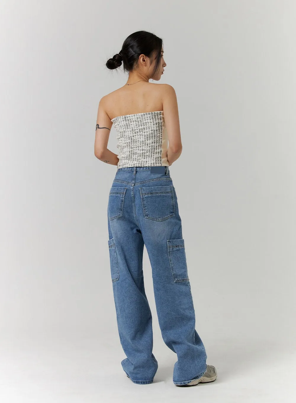 Recycled Polyester Cargo Washed Wide Leg Jeans CD314