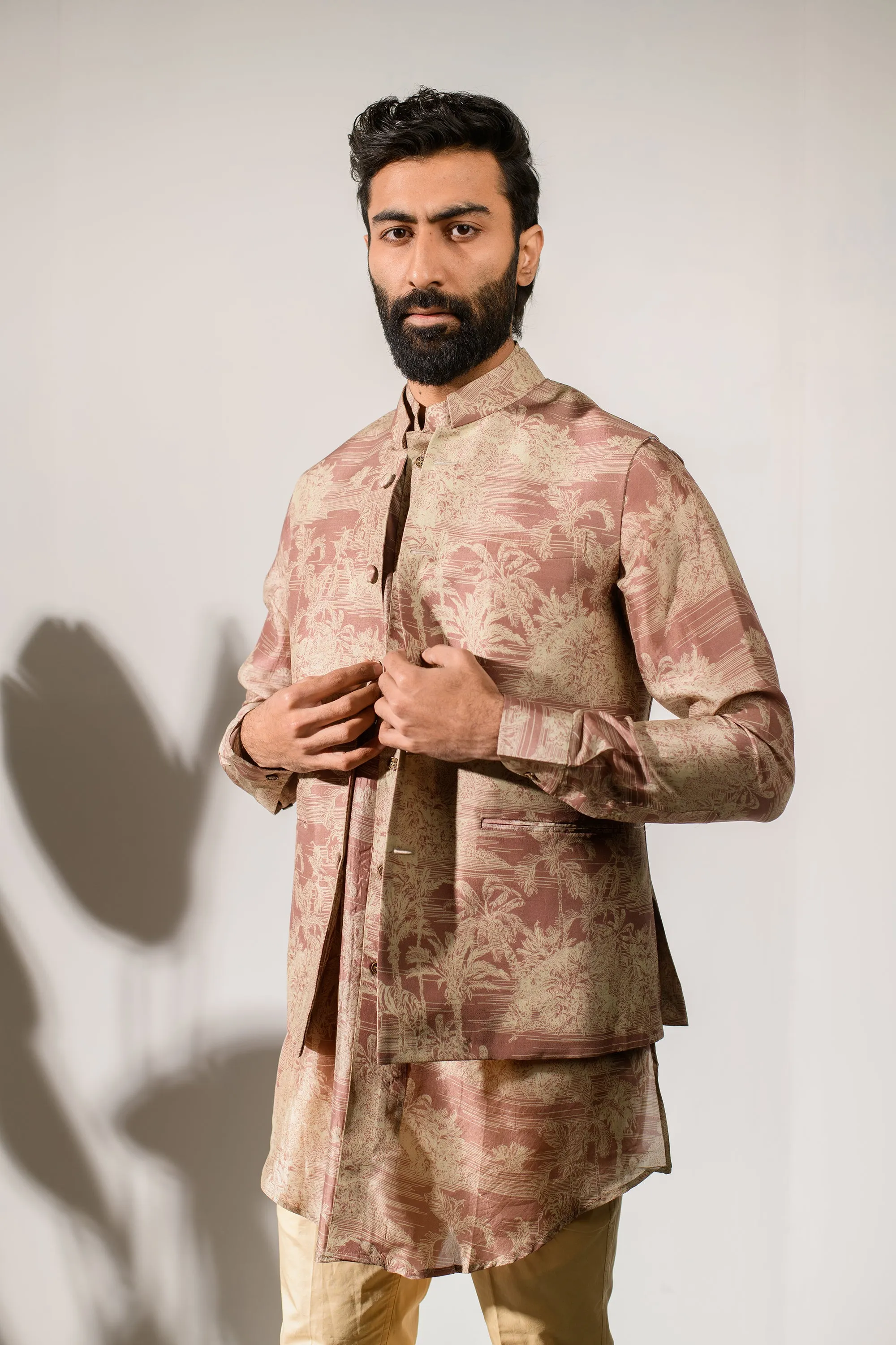 Retro Brown Kurta - Russian Silk - Kurta Bandi Set For Men