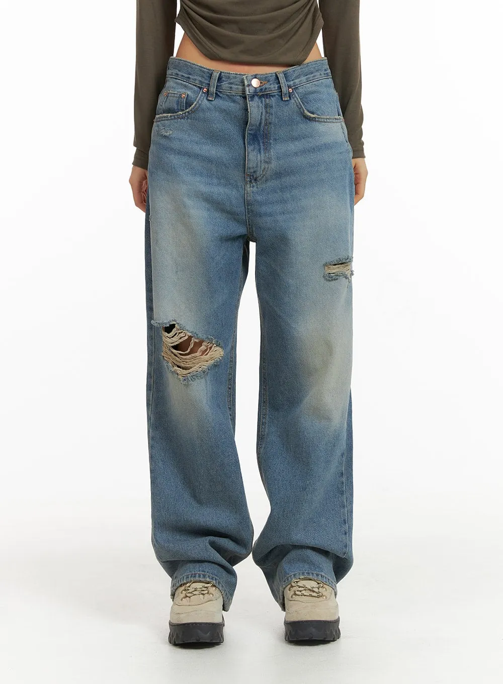 Ripped Washed Wide-Leg Jeans CJ426