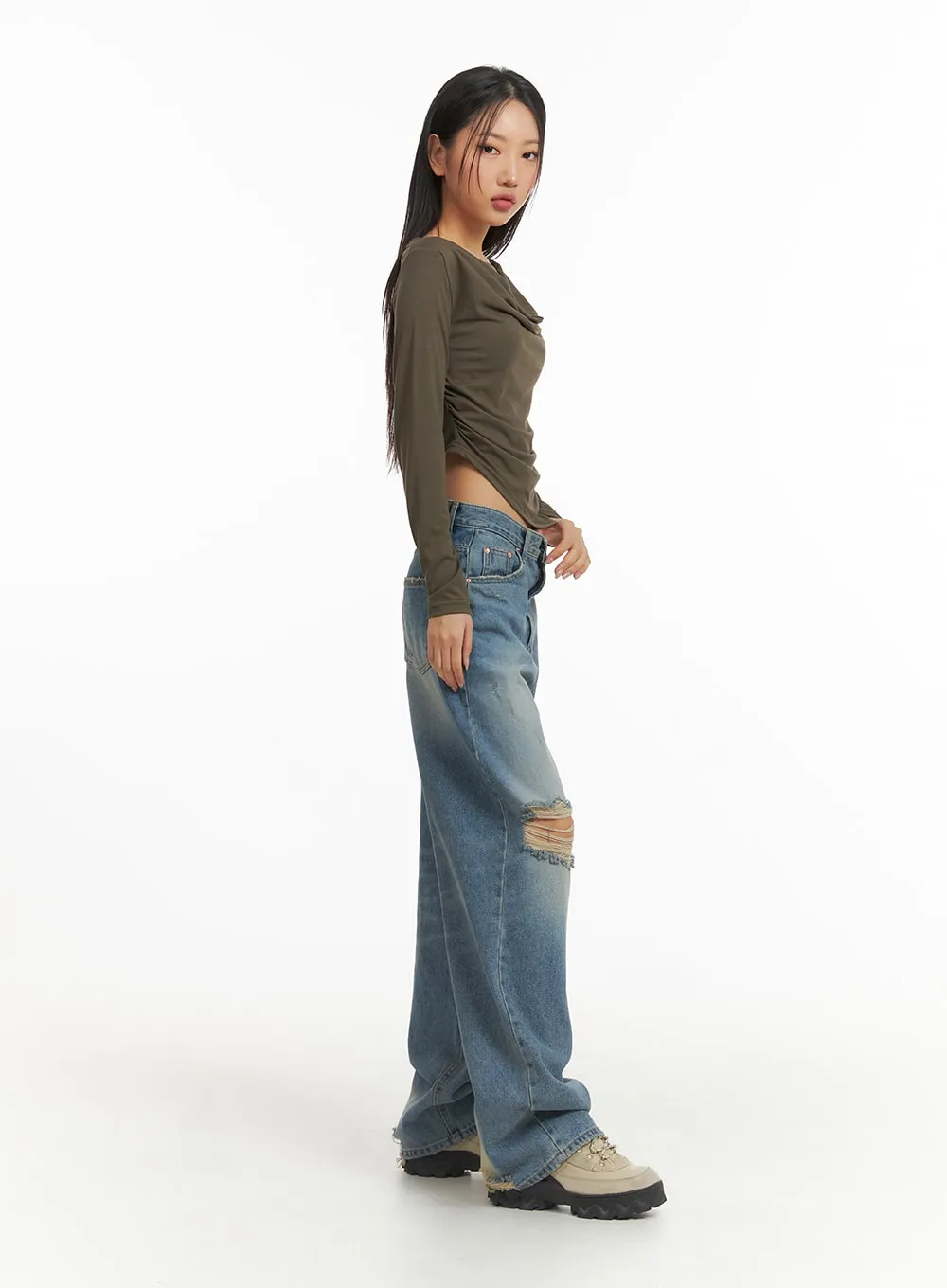 Ripped Washed Wide-Leg Jeans CJ426