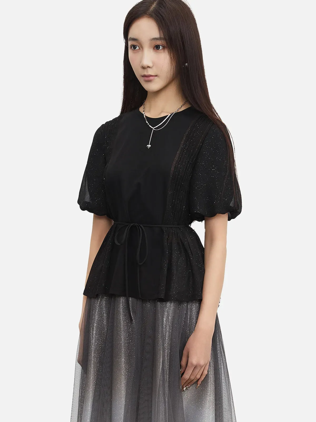 Round Neck Tie Waist Puff Sleeve Blouse