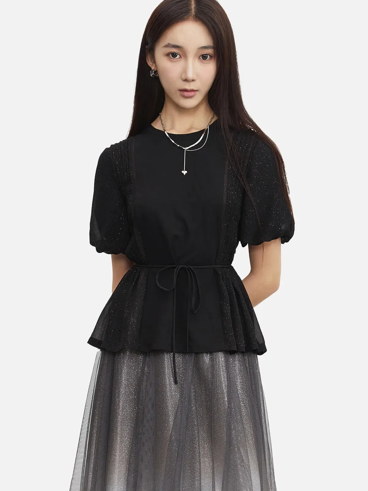 Round Neck Tie Waist Puff Sleeve Blouse