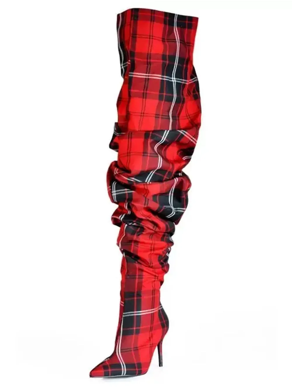 Ruched Over Knee Boots In Red & Black