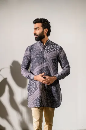 Rustic Boho Black Bandana Silk  Ganganagry Kurta For Men