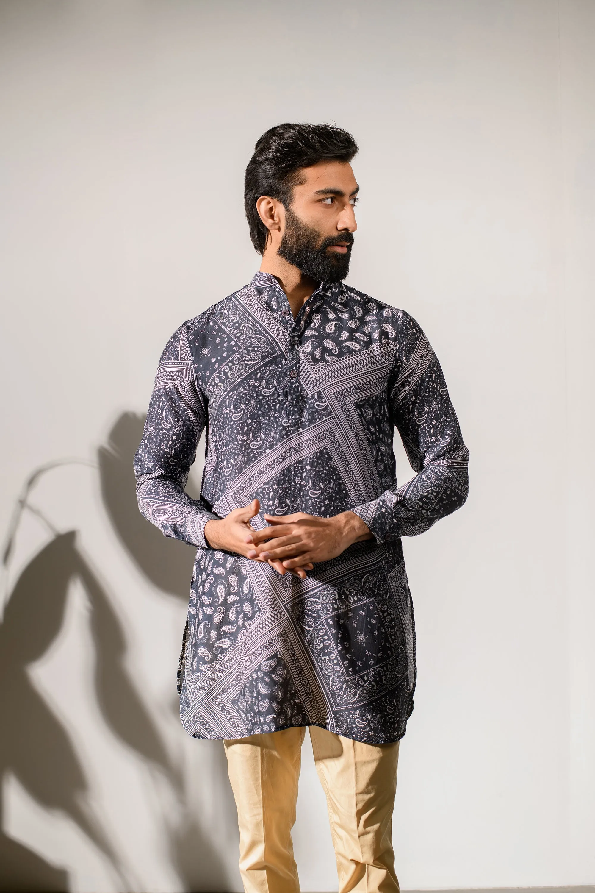 Rustic Boho Black Bandana Silk  Ganganagry Kurta For Men