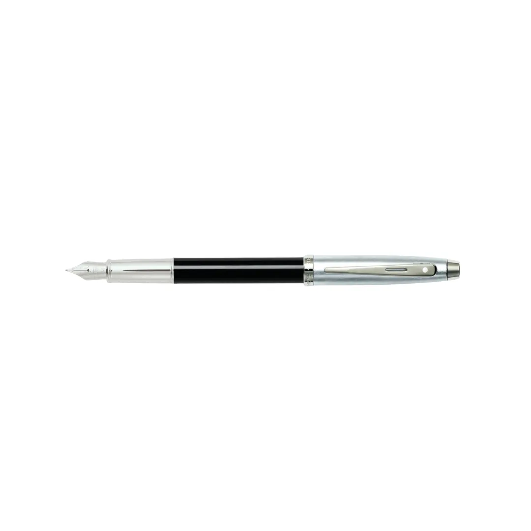 Sheaffer 100 E9313 Fountain Pen - Glossy Black and Brushed Chrome Barrel with Chrome Plated Cap and Trims