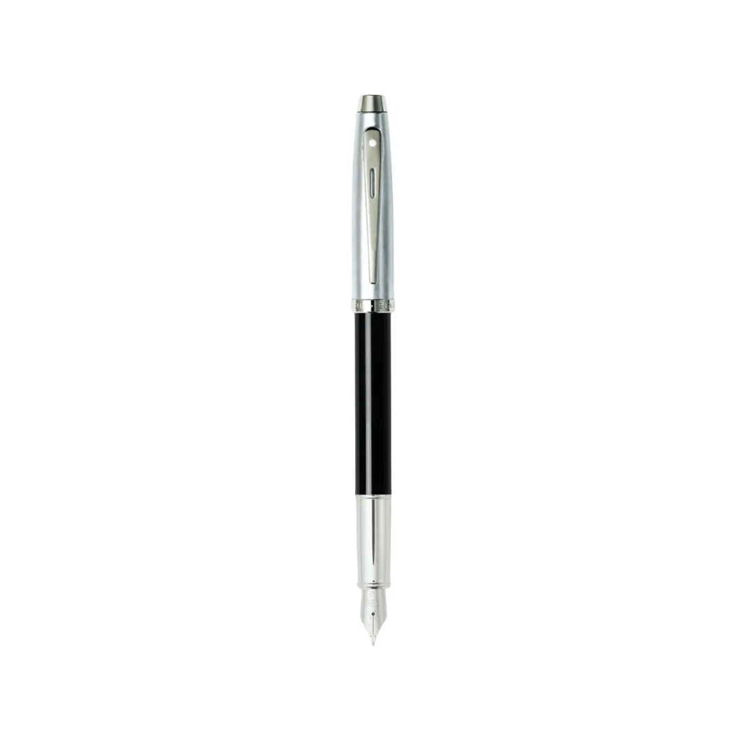 Sheaffer 100 E9313 Fountain Pen - Glossy Black and Brushed Chrome Barrel with Chrome Plated Cap and Trims