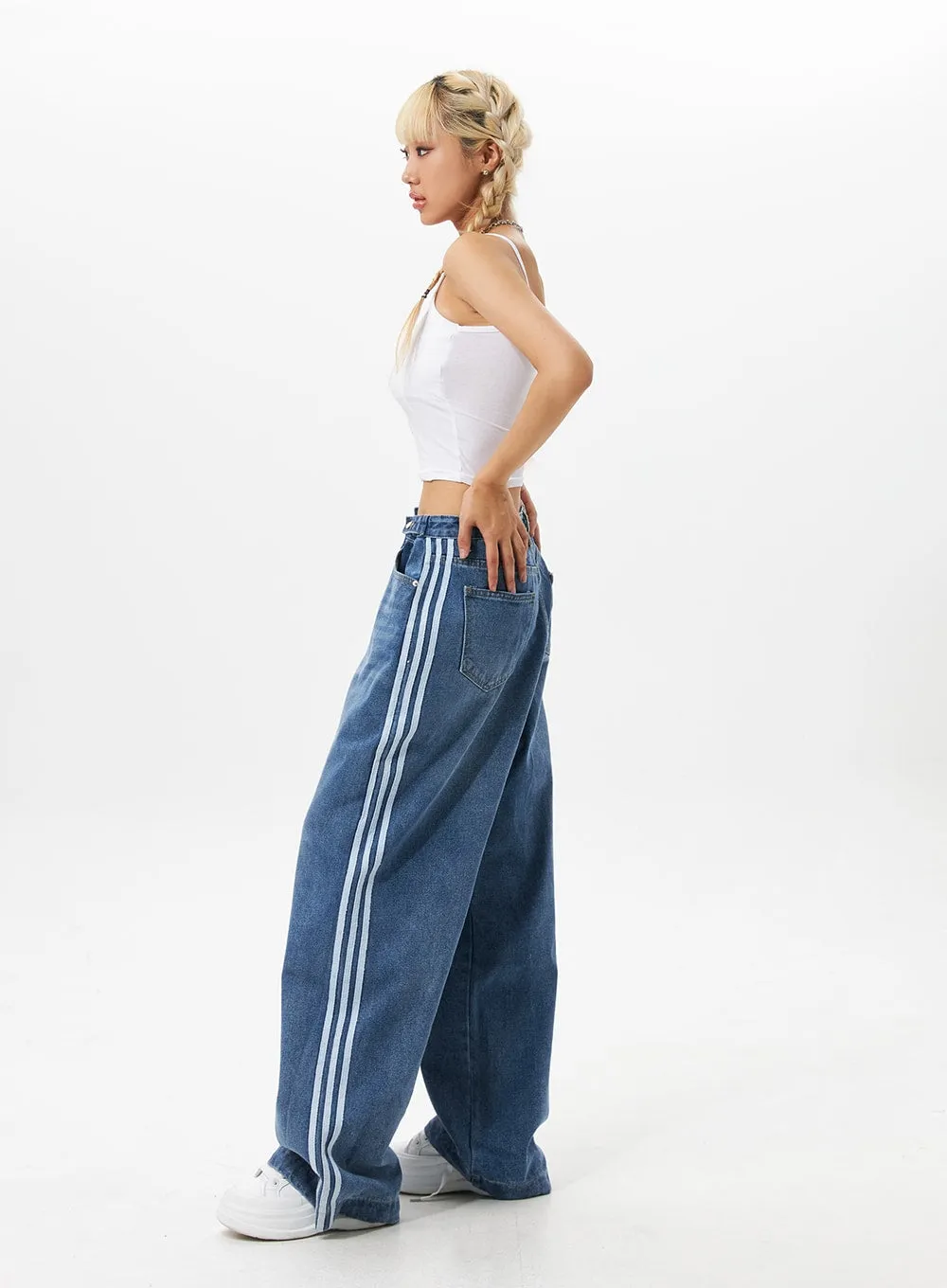 Side Stripe Wash Wide Leg Jeans IO326