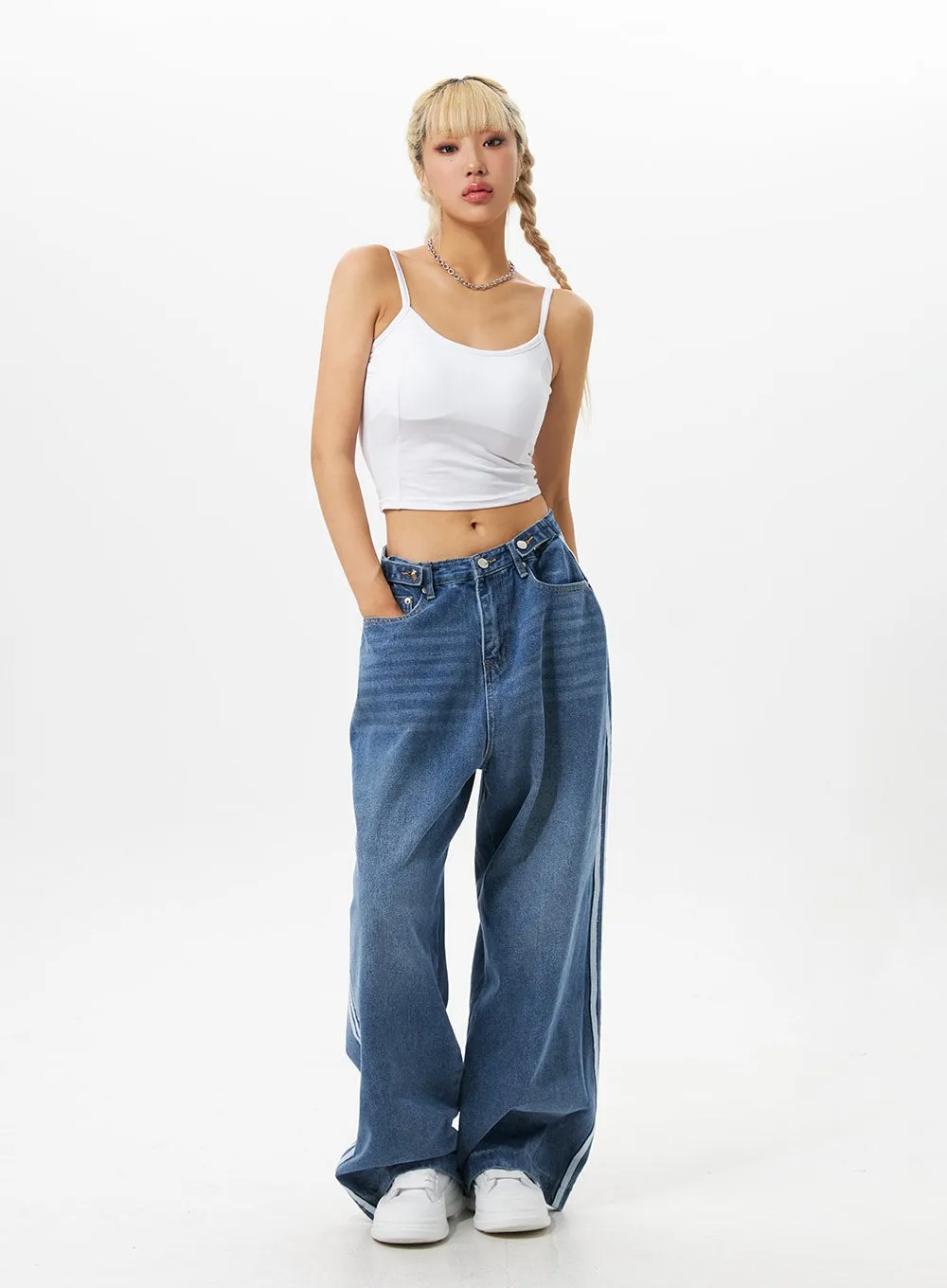 Side Stripe Wash Wide Leg Jeans IO326