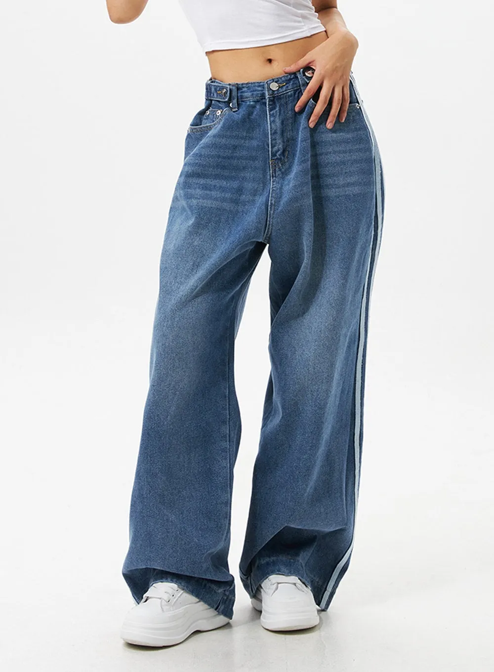 Side Stripe Wash Wide Leg Jeans IO326