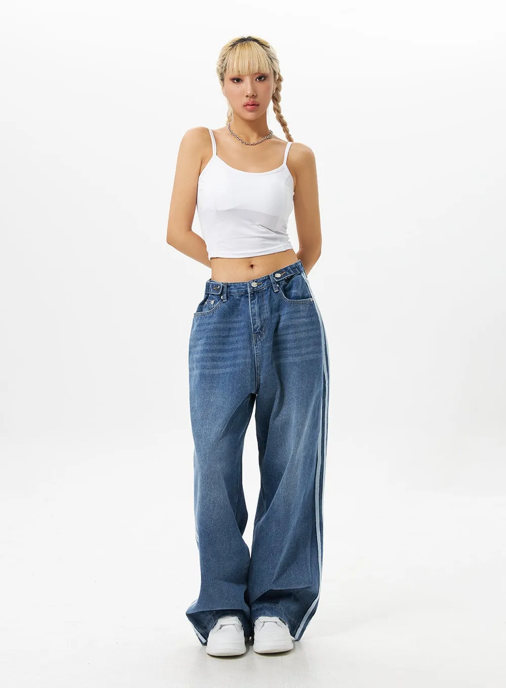 Side Stripe Wash Wide Leg Jeans IO326