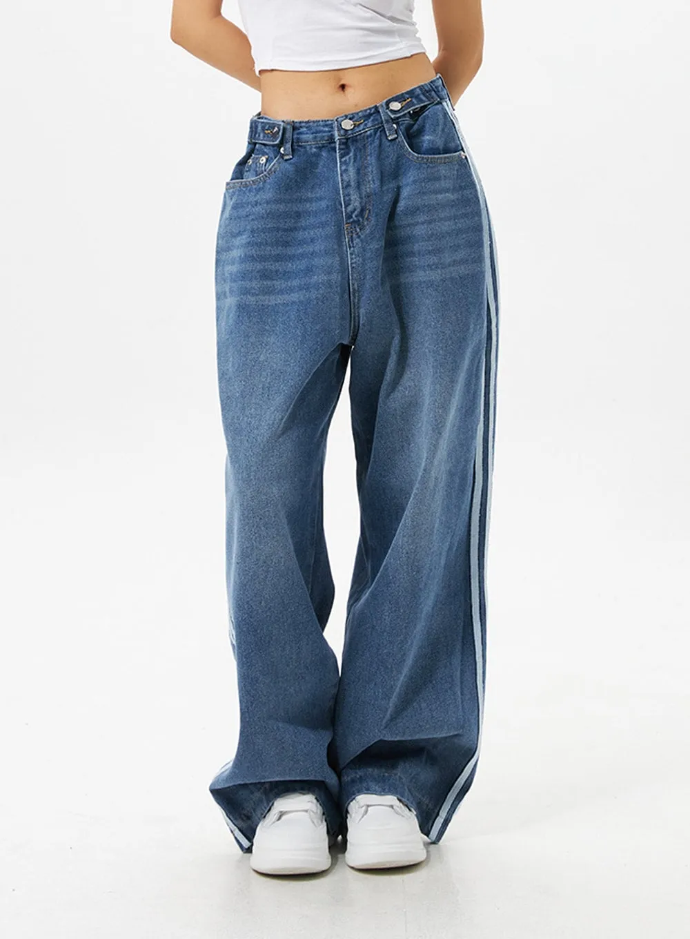 Side Stripe Wash Wide Leg Jeans IO326