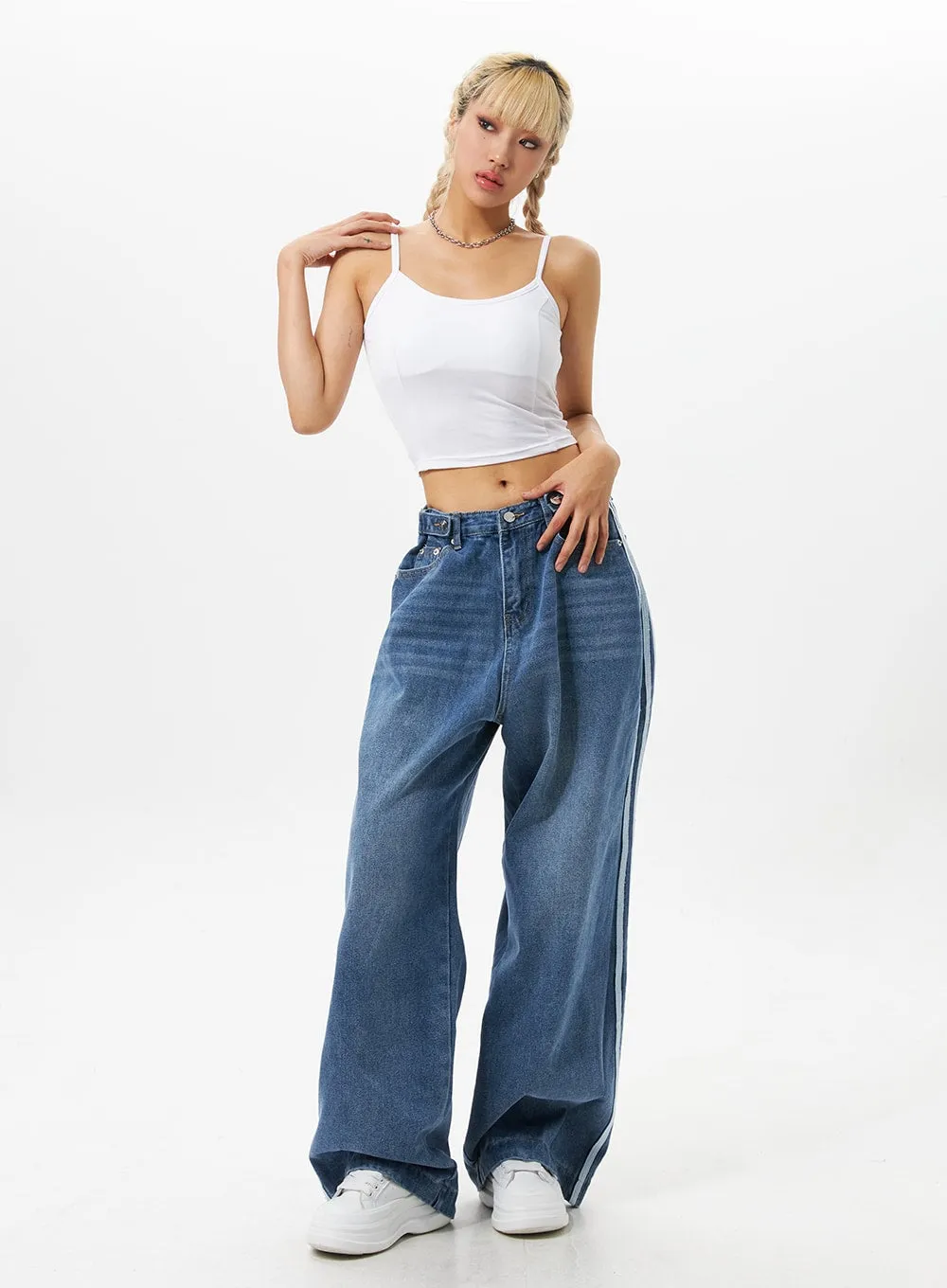 Side Stripe Wash Wide Leg Jeans IO326