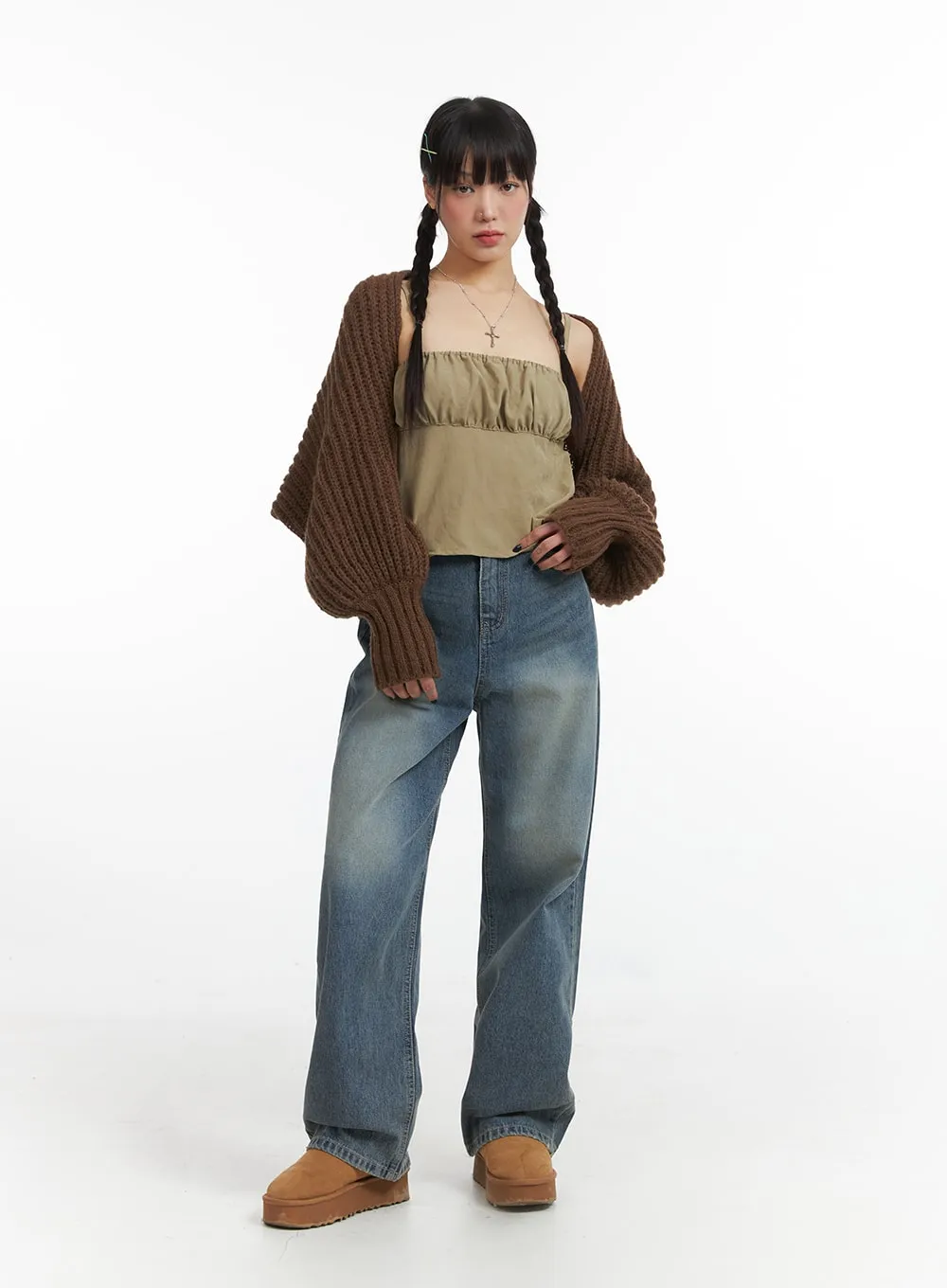 Solid Mid Waist Pocket Straight Leg Jeans IJ411