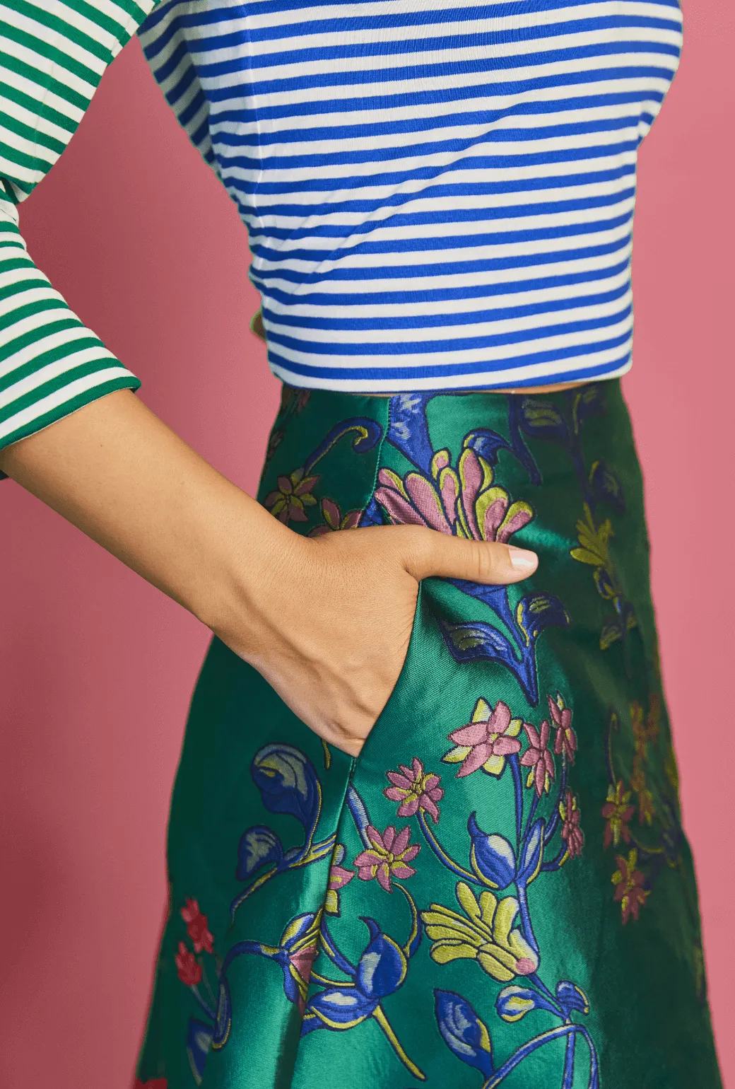 The Laura Skirt - Green and Pink Floral Jacquard