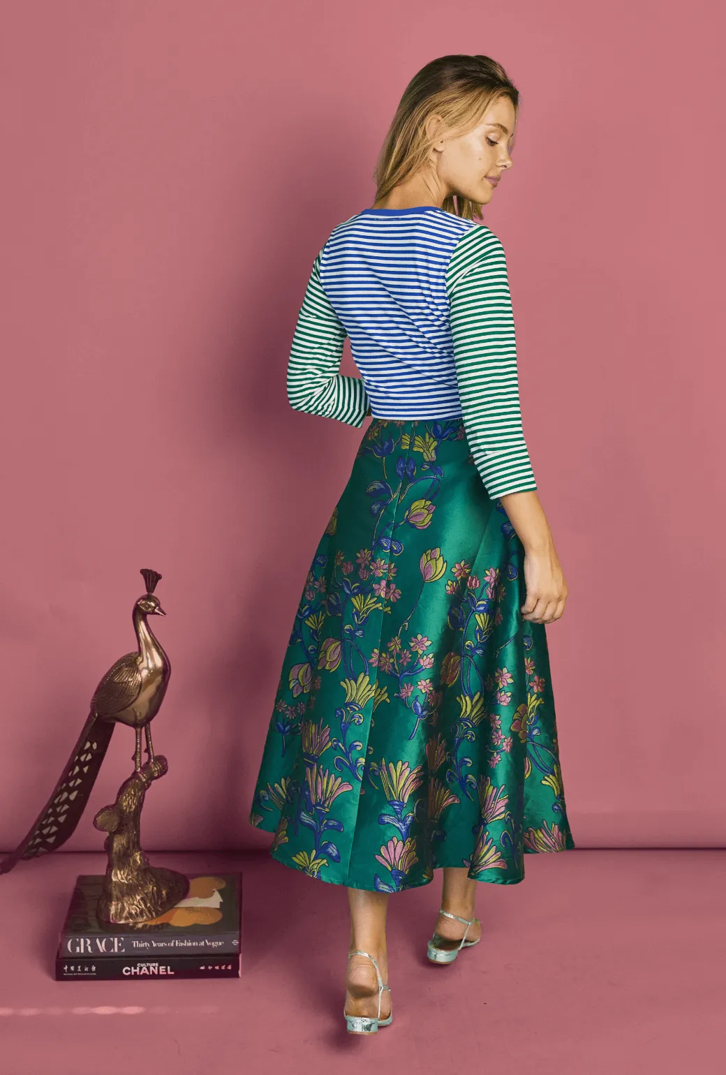 The Laura Skirt - Green and Pink Floral Jacquard