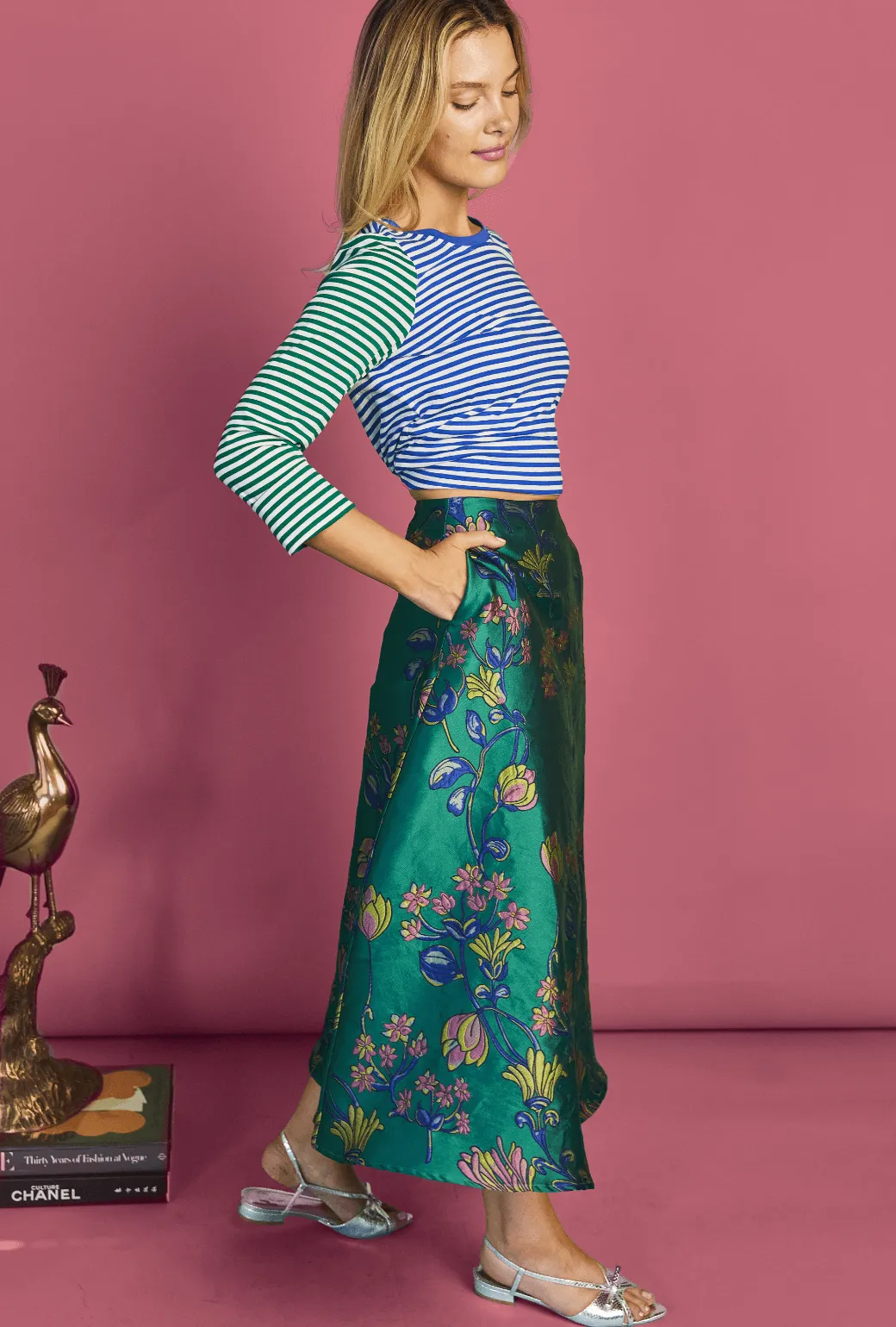 The Laura Skirt - Green and Pink Floral Jacquard