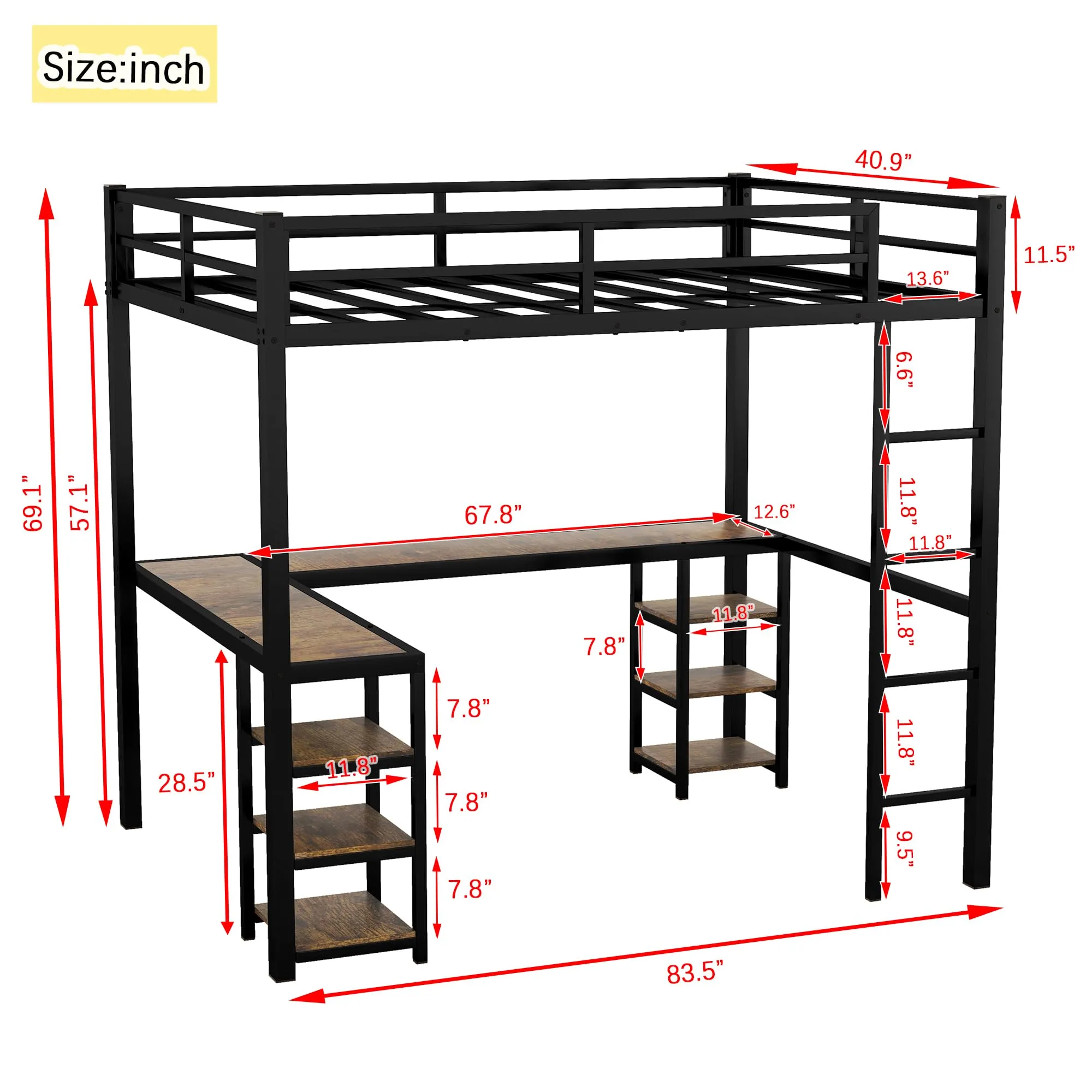 Twin XL Loft Bed with Desk and Storage Shelves, Heavy Duty Loft Bed with Black Desk, Ladder and Guardrail, Twin XL Loft Bed for Kids, Teens(Twin XL Black)