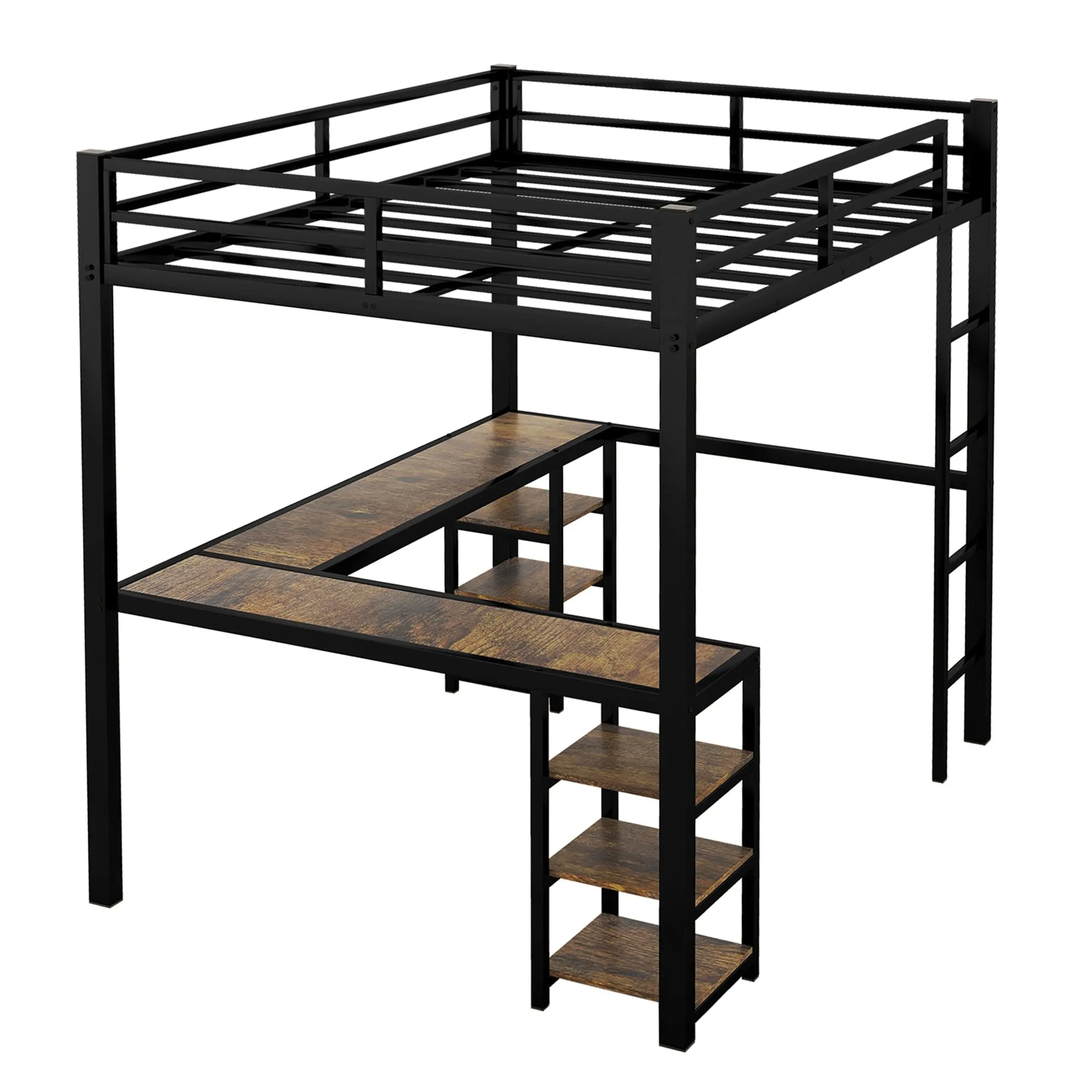 Twin XL Loft Bed with Desk and Storage Shelves, Heavy Duty Loft Bed with Black Desk, Ladder and Guardrail, Twin XL Loft Bed for Kids, Teens(Twin XL Black)