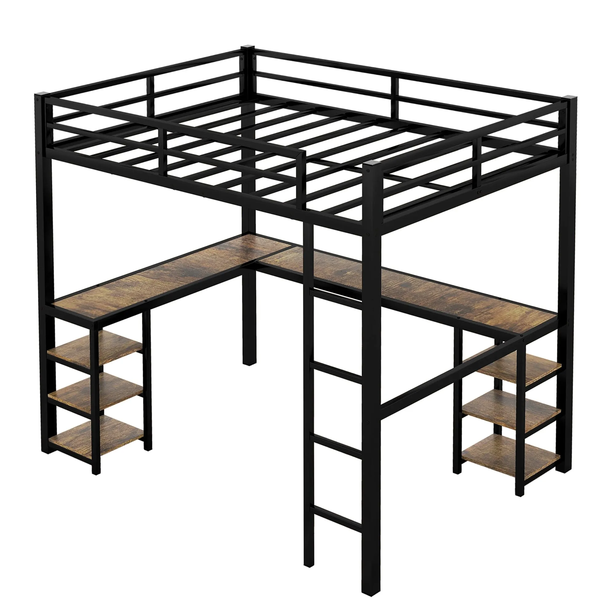 Twin XL Loft Bed with Desk and Storage Shelves, Heavy Duty Loft Bed with Black Desk, Ladder and Guardrail, Twin XL Loft Bed for Kids, Teens(Twin XL Black)