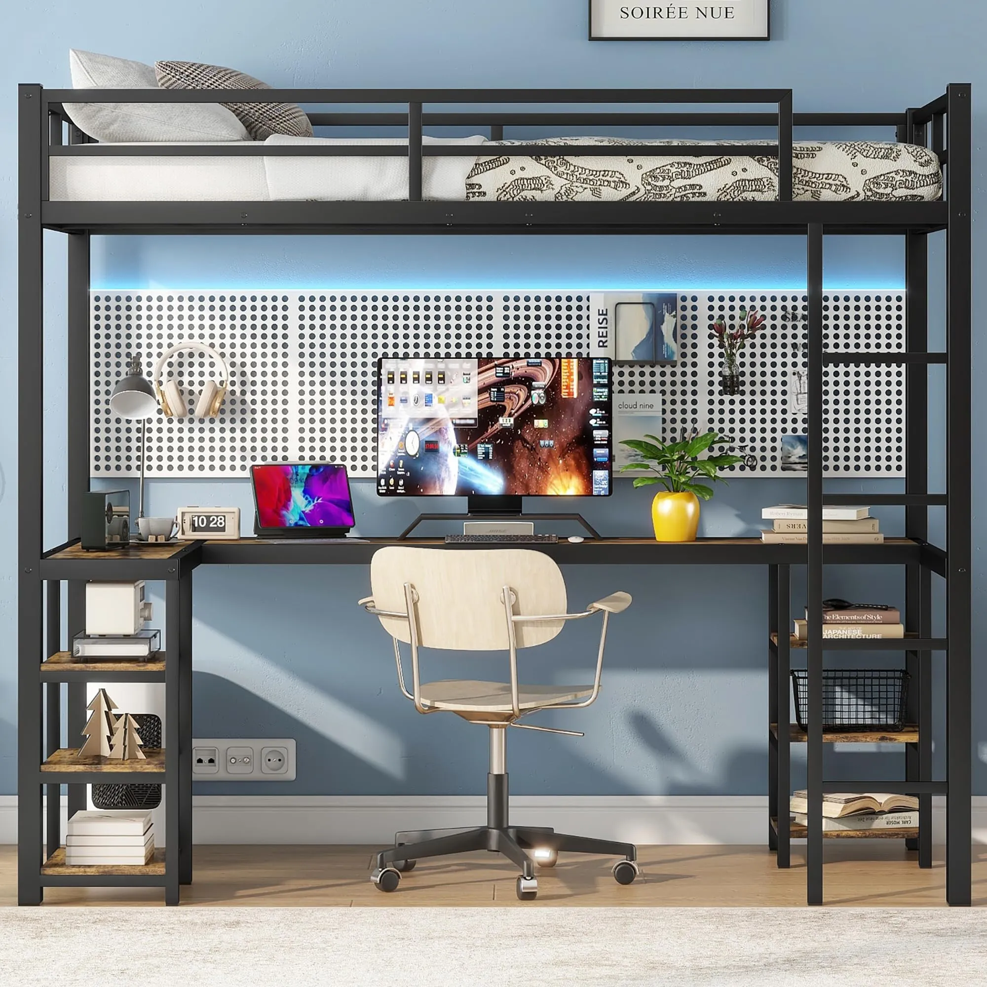 Twin XL Loft Bed with Desk and Storage Shelves, Heavy Duty Loft Bed with Black Desk, Ladder and Guardrail, Twin XL Loft Bed for Kids, Teens(Twin XL Black)