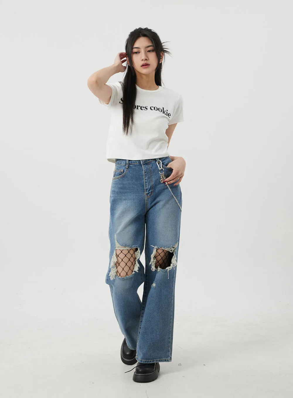 Wide Leg Ripped Knee Jeans BJ317