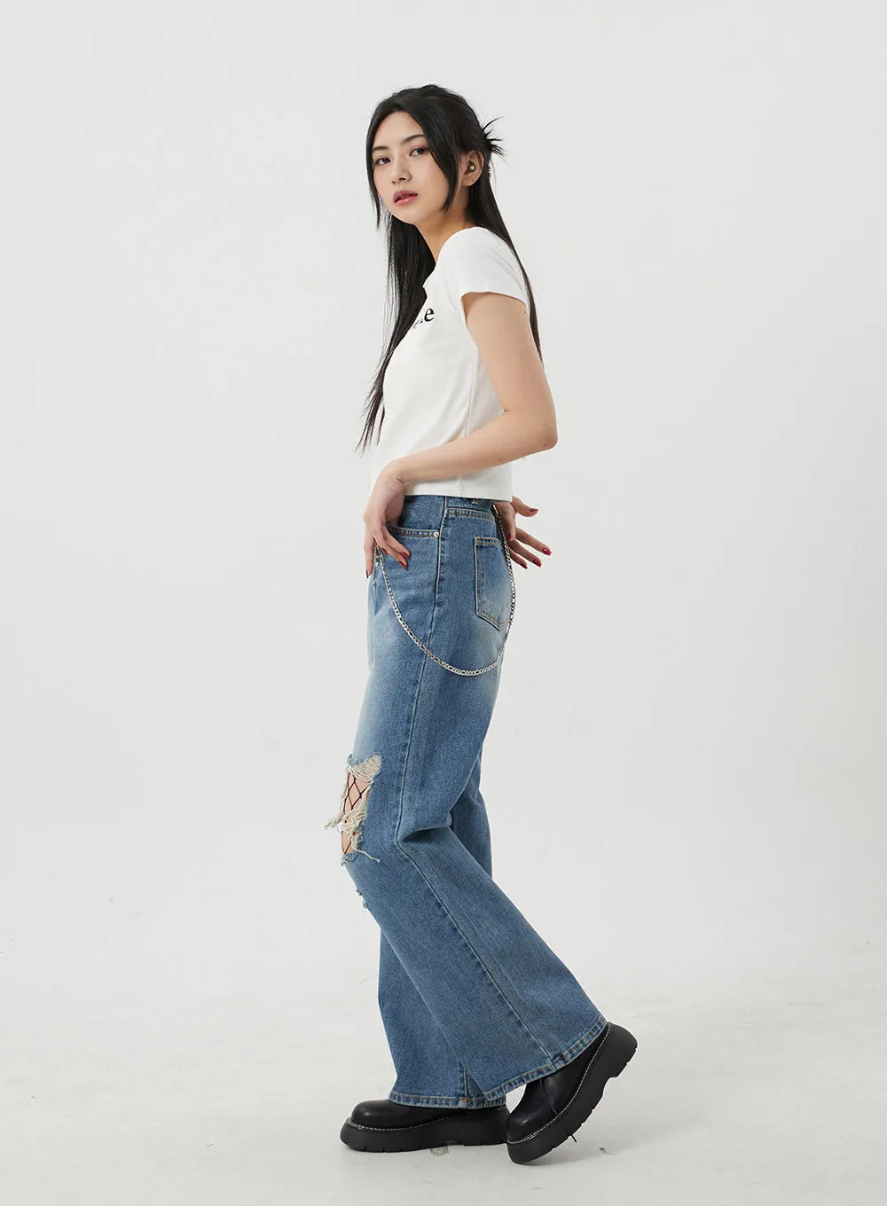 Wide Leg Ripped Knee Jeans BJ317