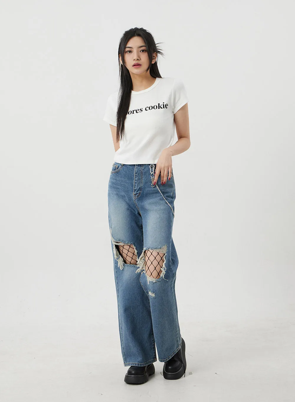 Wide Leg Ripped Knee Jeans BJ317