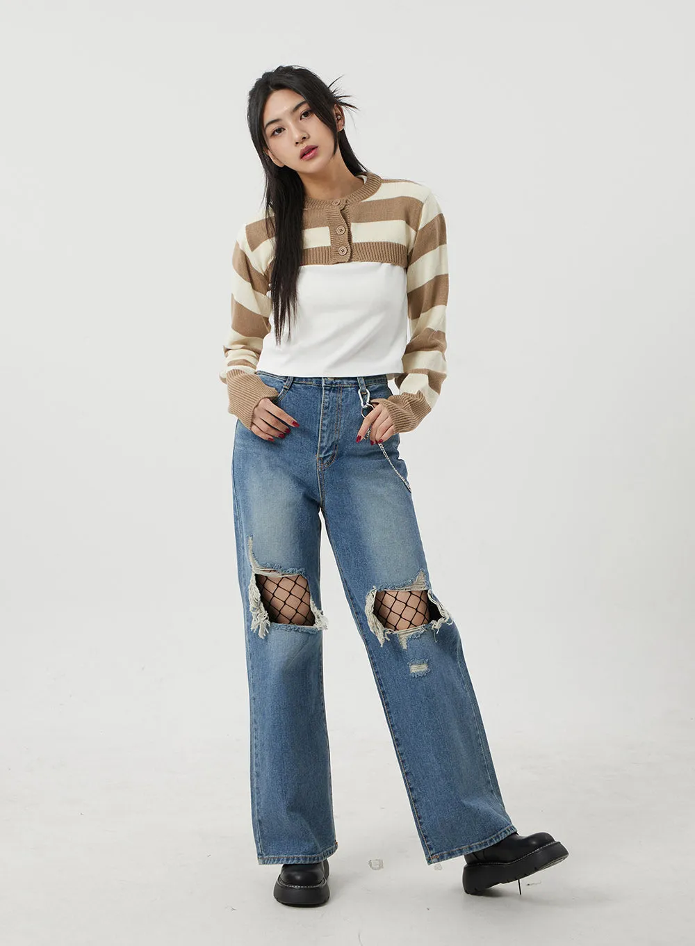 Wide Leg Ripped Knee Jeans BJ317