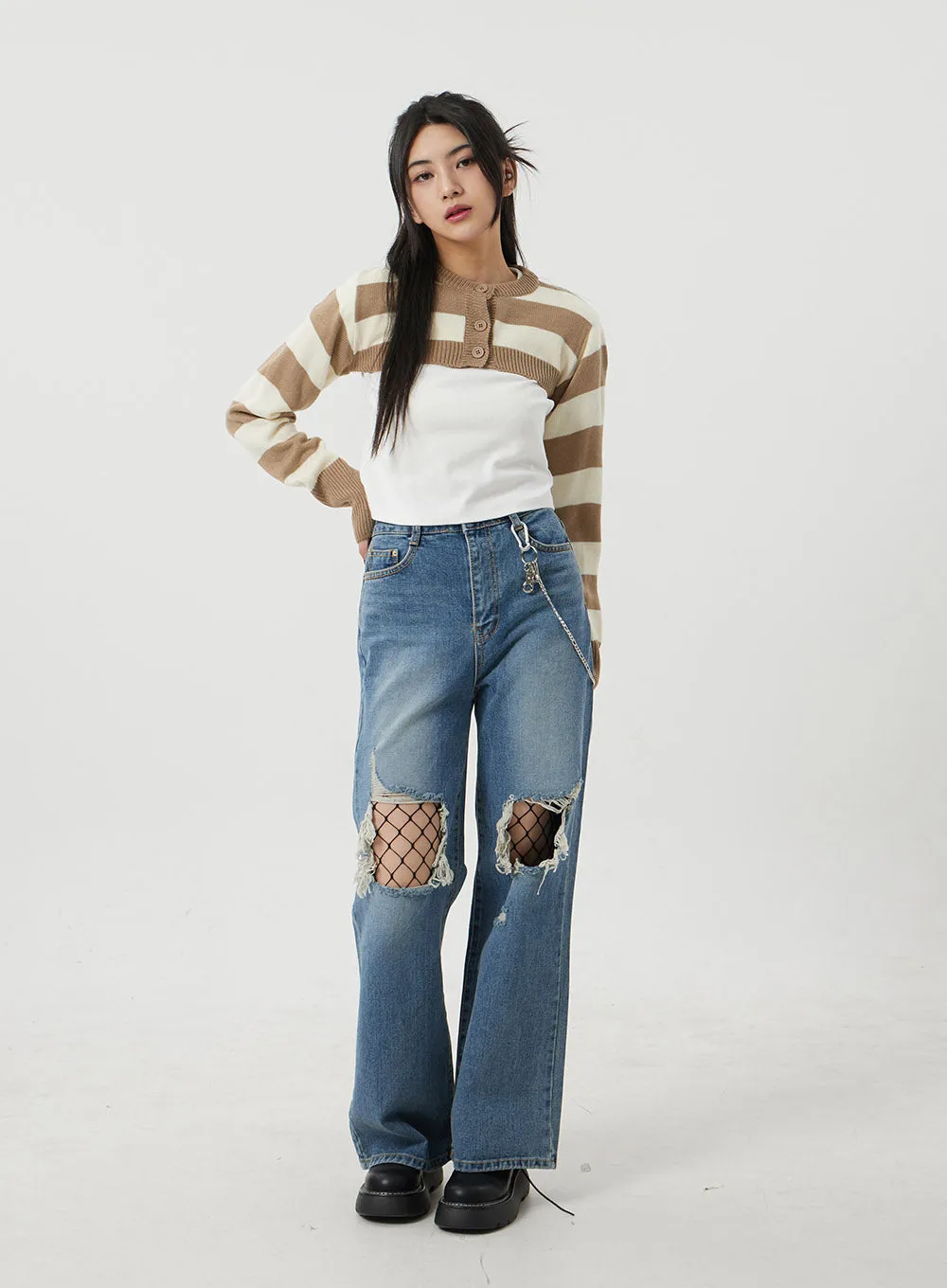 Wide Leg Ripped Knee Jeans BJ317